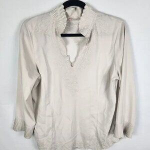 Soft Surroundings Small Blouse stone khaki long sleeve embroidered pleated cuffs